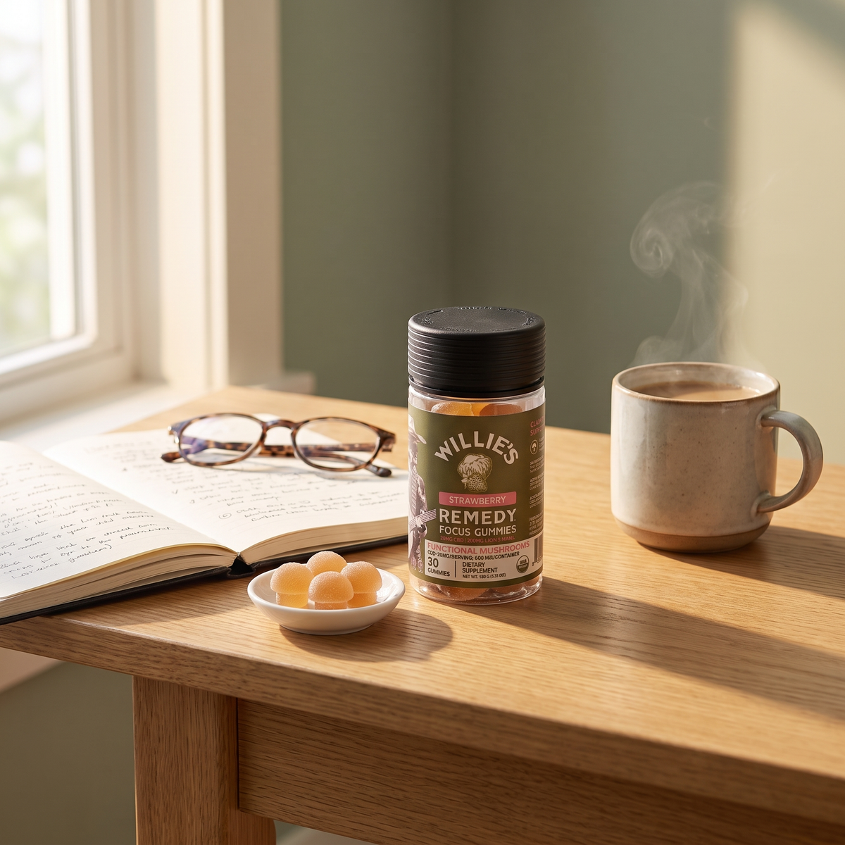 Jar of Willie's Remedy Focus CBD mushroom gummies on a sunny desk next to a coffee mug