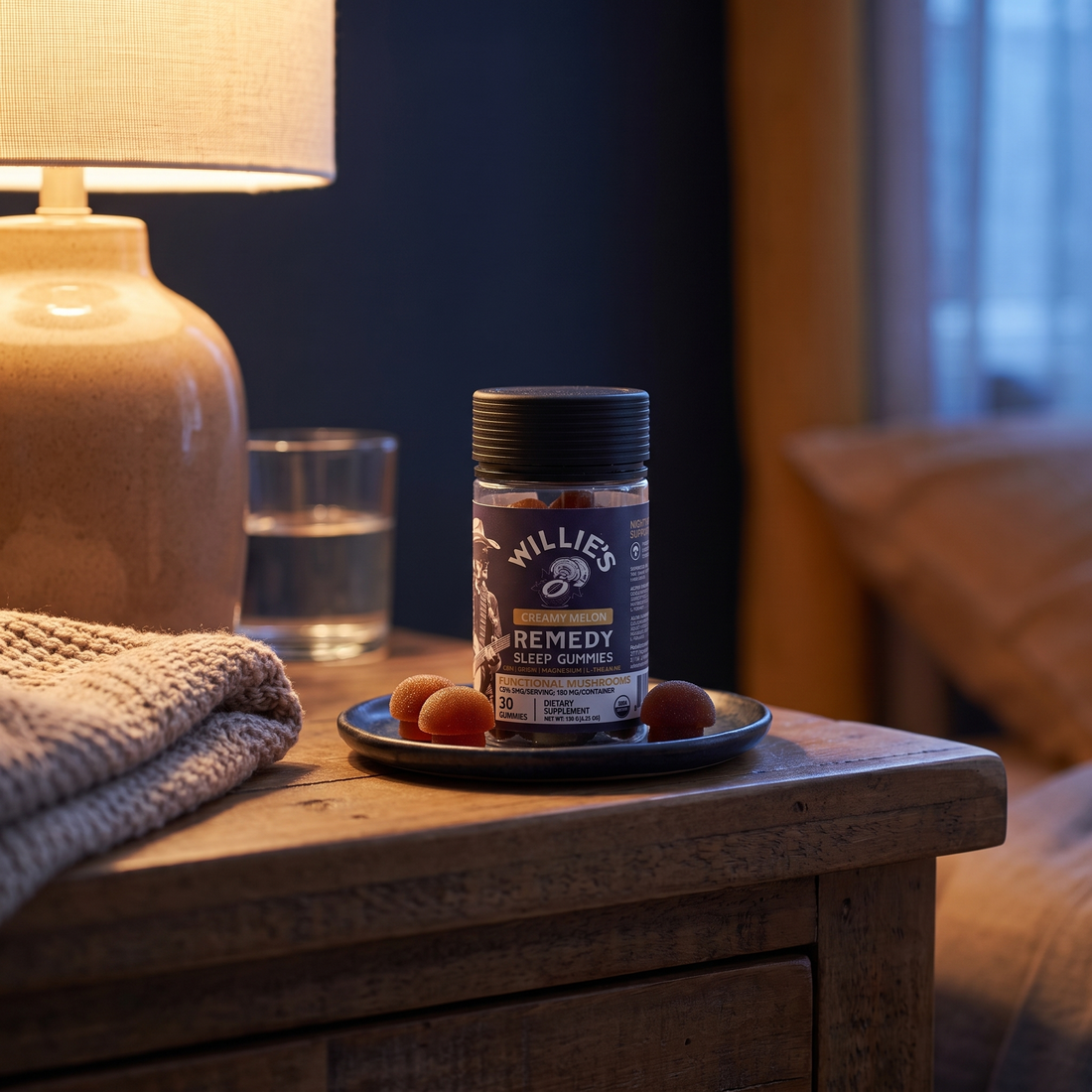 Willie's Remedy Focus CBD mushroom gummies jar with lion's mane mushrooms and strawberries