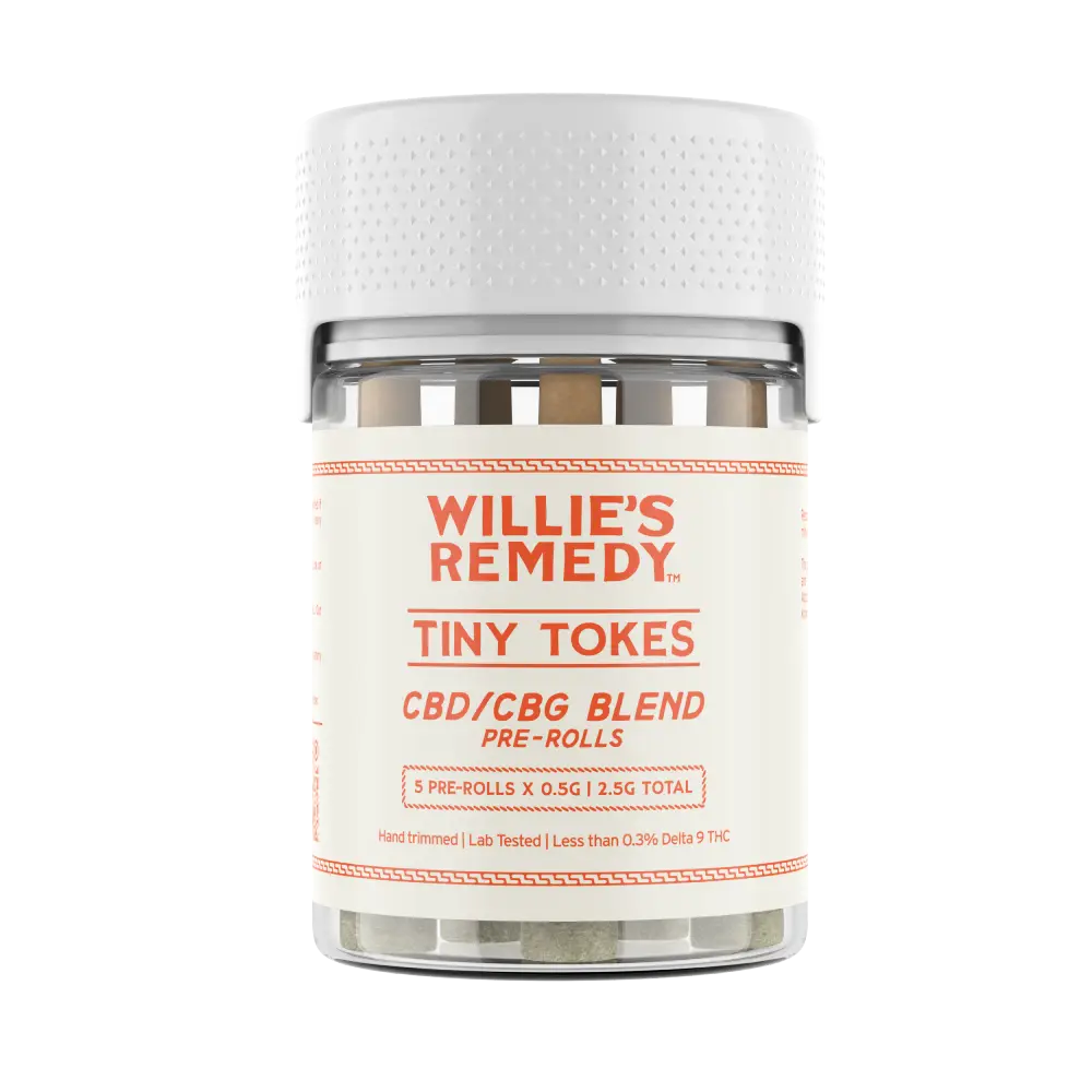 Willie's Remedy Tiny Tokes CBD/CBG pre-roll jar with a pre-roll beside it