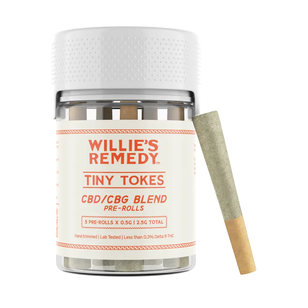 Willie's Remedy Tiny Tokes CBD/CBG pre-roll jar with a pre-roll beside it