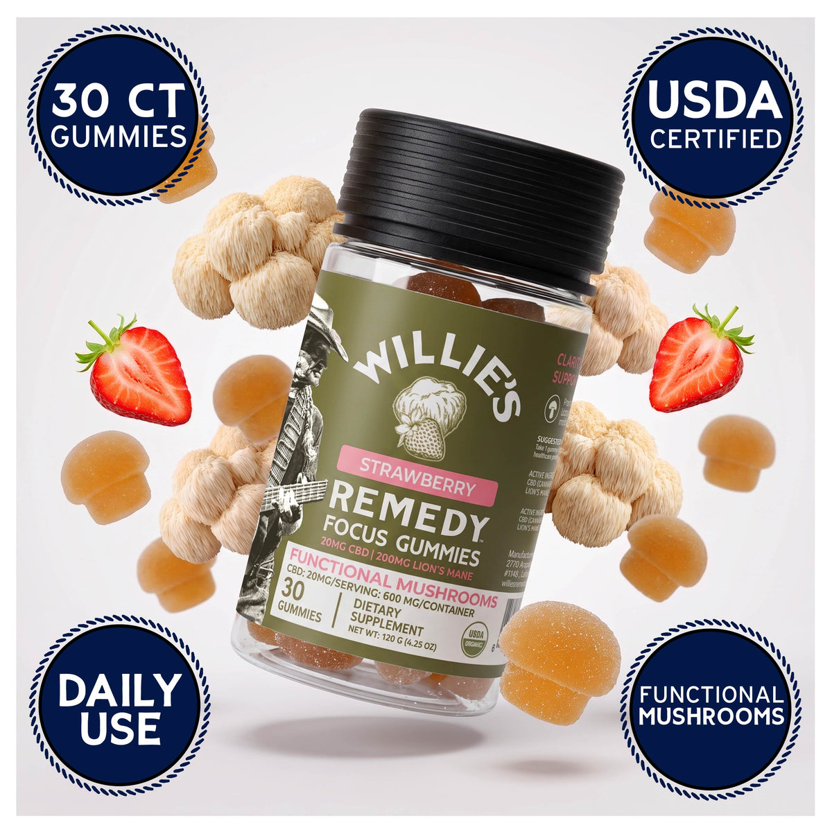 Willie's Remedy Focus CBD mushroom gummies jar with 30-count, USDA Certified Organic and daily use badges