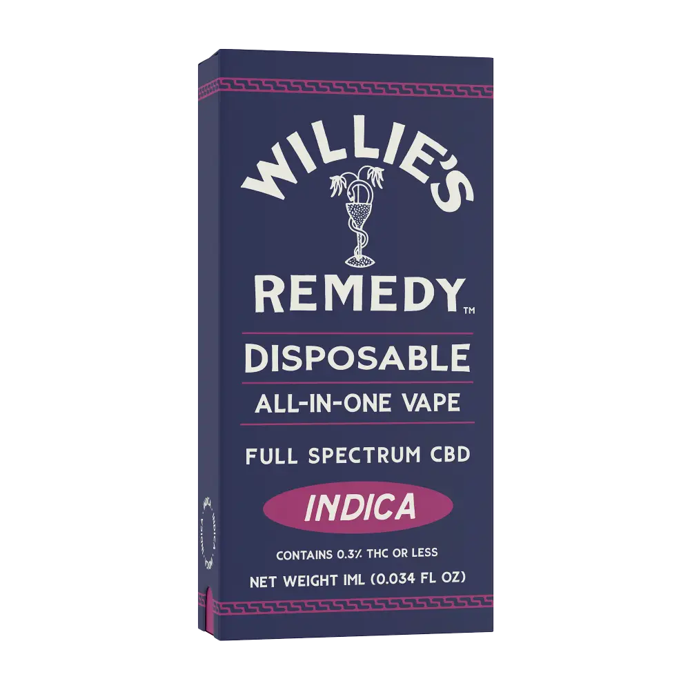 Box for Willie's Remedy Full Spectrum CBD disposable vape, Indica