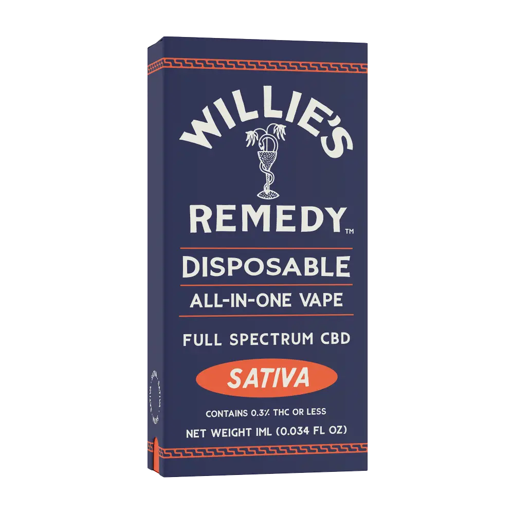 Box for Willie's Remedy Full Spectrum CBD disposable vape, Sativa