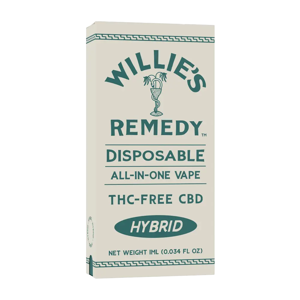 Box for Willie's Remedy THC-Free CBD disposable vape, Hybrid