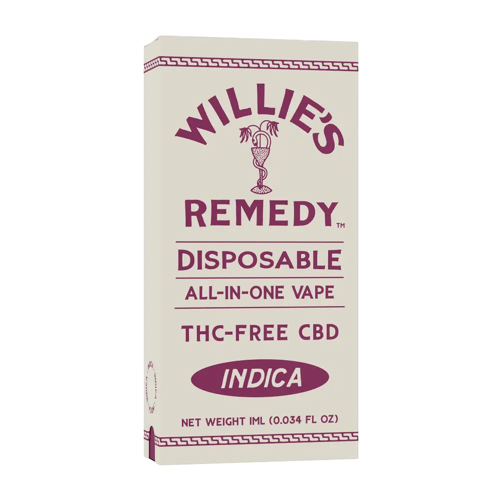 Box for Willie's Remedy THC-Free CBD disposable vape, Indica
