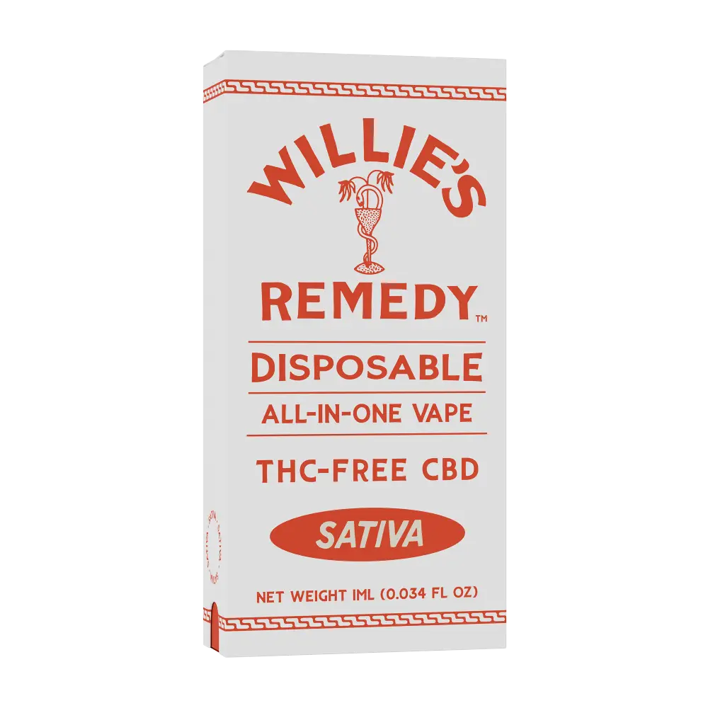 Box for Willie's Remedy THC-Free CBD disposable vape, Sativa
