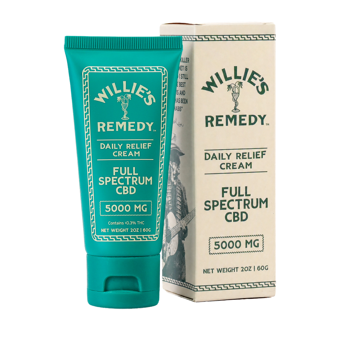 Willie's Remedy Daily Relief Cream tube and box, 5000mg full-spectrum CBD