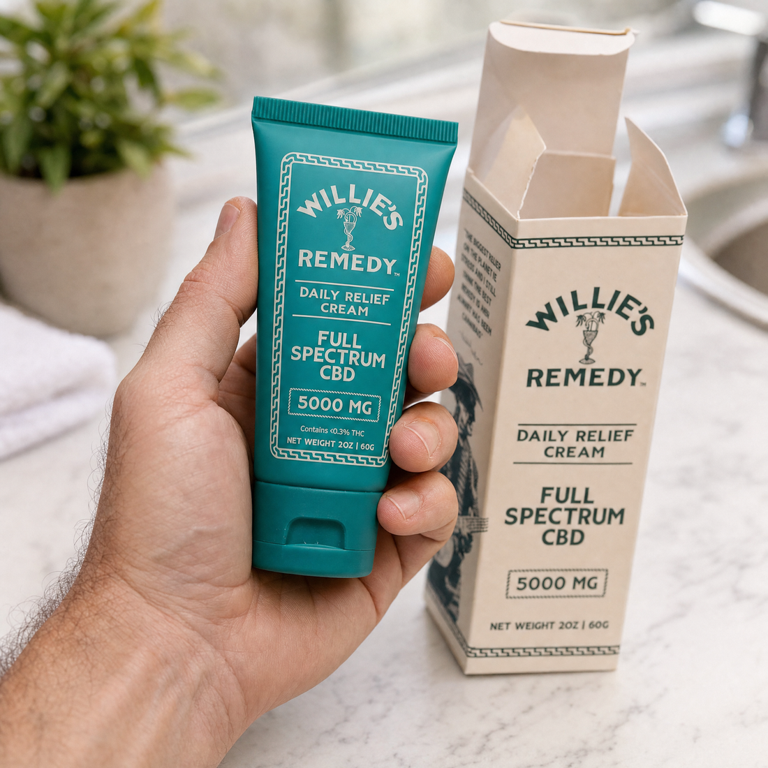 Willie's Remedy Daily Relief Cream tube and box, 5000mg full-spectrum CBD
