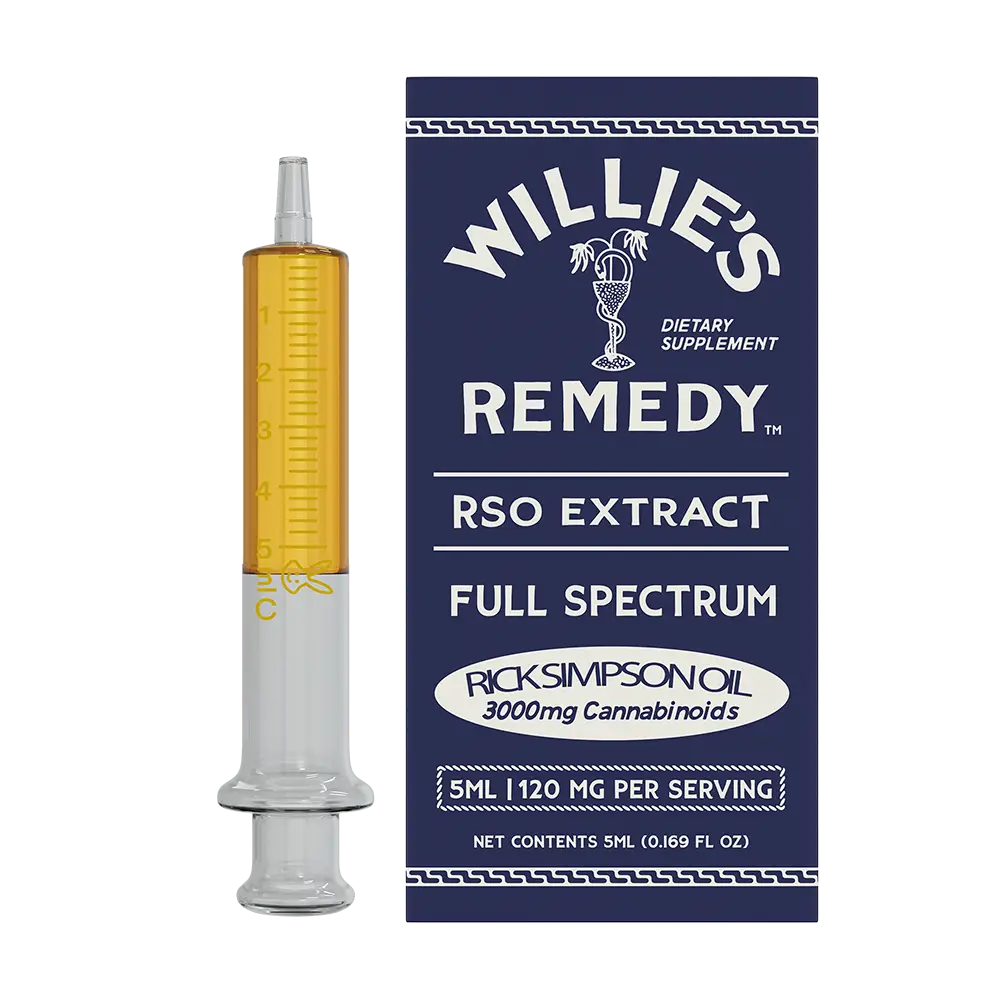 Willie's Remedy RSO extract 5ml syringe next to its box, front view