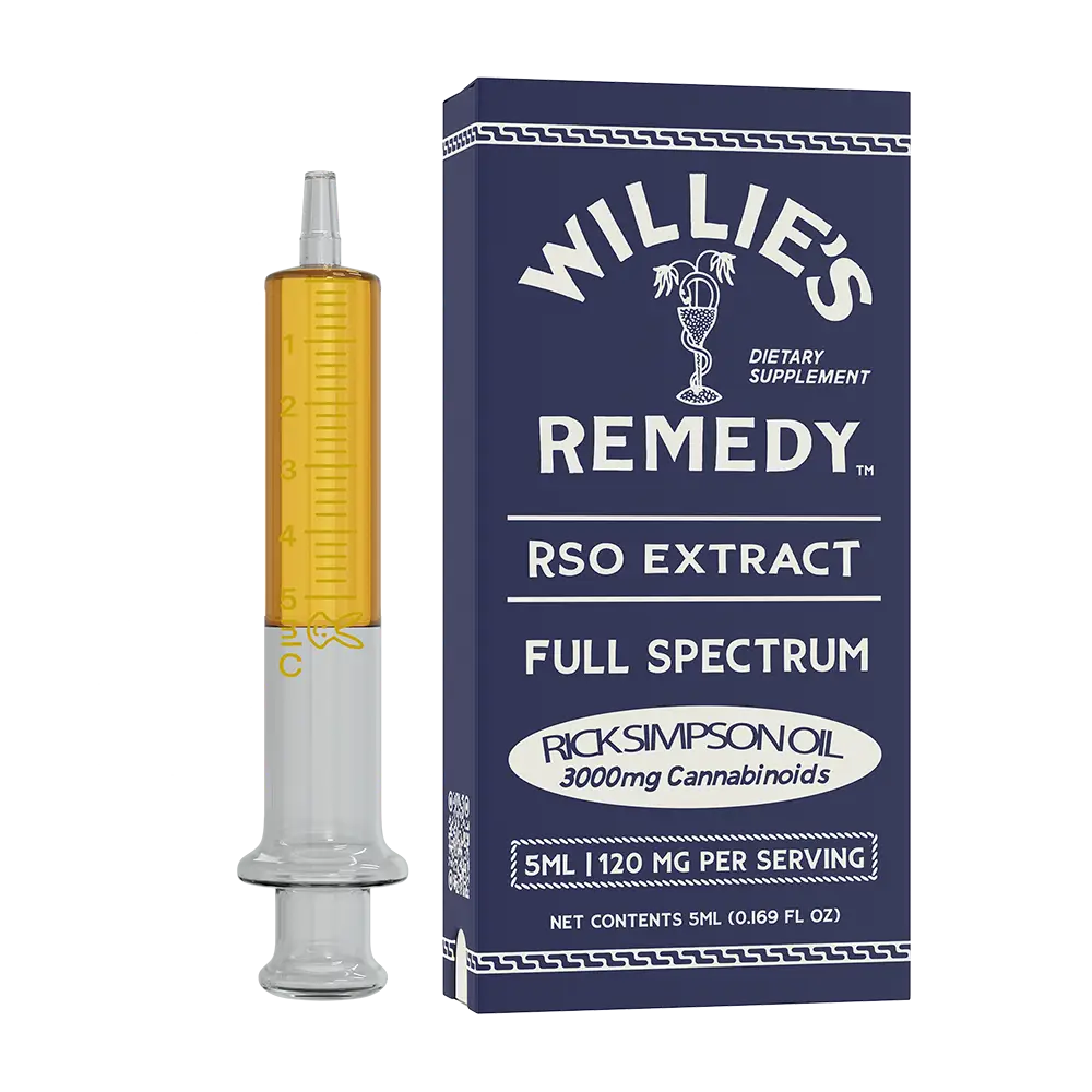 Willie's Remedy RSO extract syringe beside its box, close-up