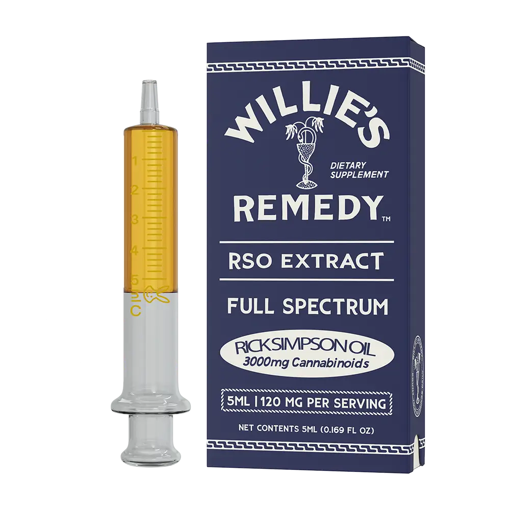 Willie's Remedy RSO extract syringe and box, angled view