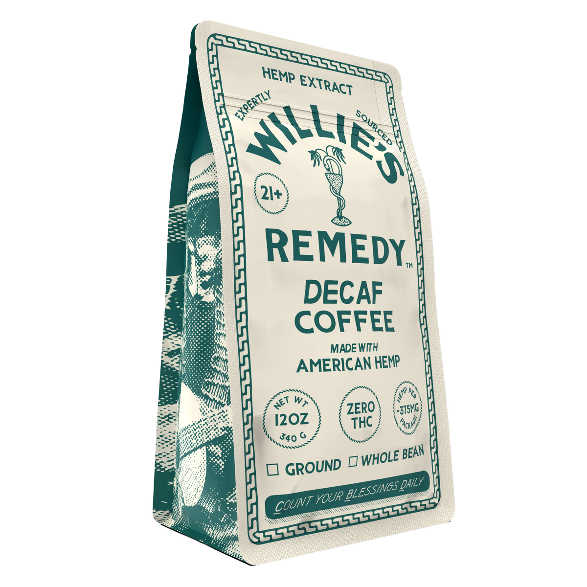Front of the Willie's Remedy CBD Decaf Coffee 12oz bag