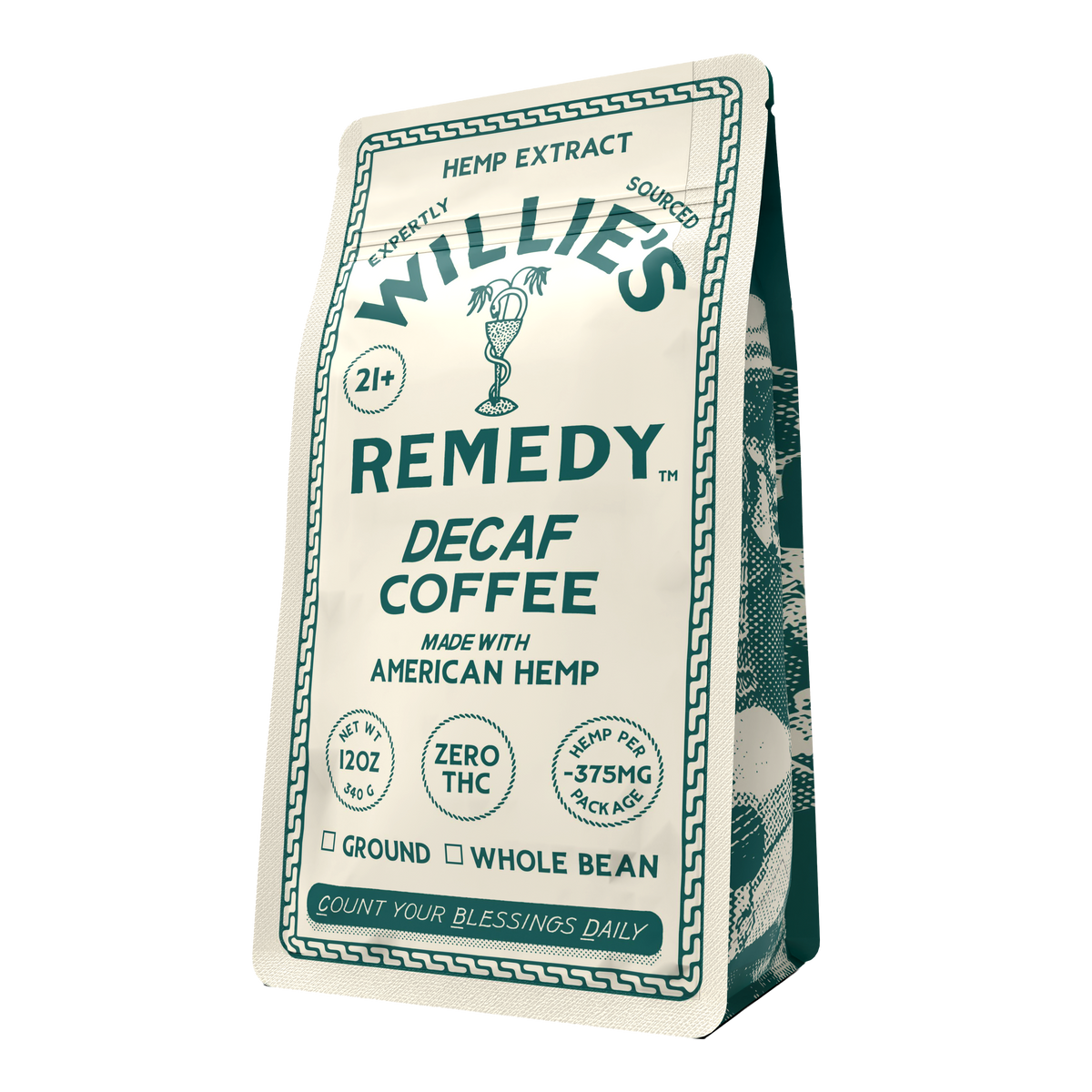 Willie's Remedy CBD Decaf Coffee bag, angled view