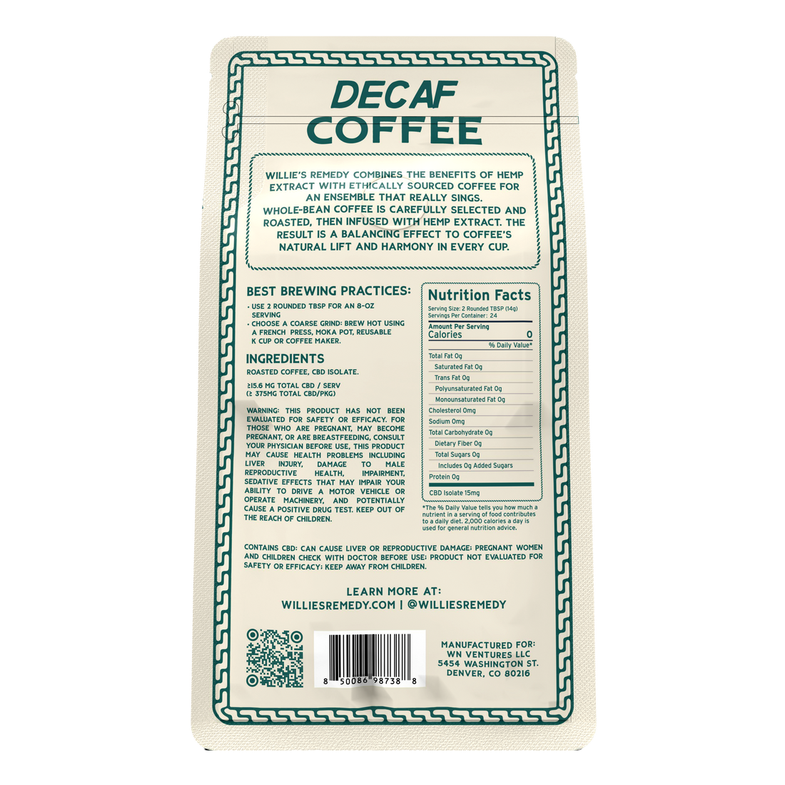 Front of the Willie's Remedy CBD Decaf Coffee 12oz bag
