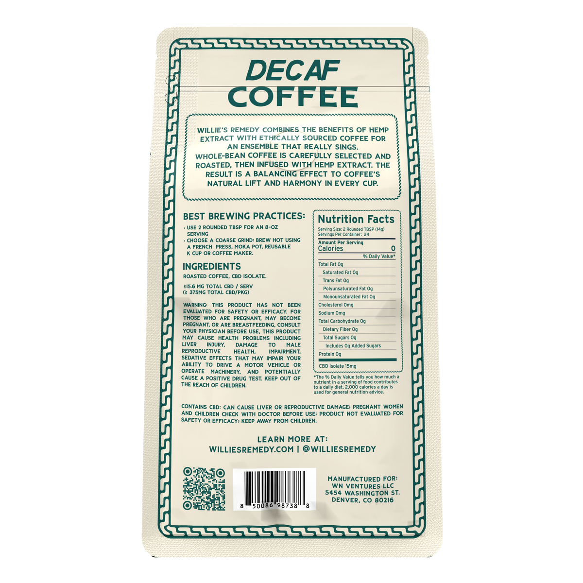 Back of the Willie's Remedy CBD Decaf Coffee bag with brewing instructions and nutrition facts