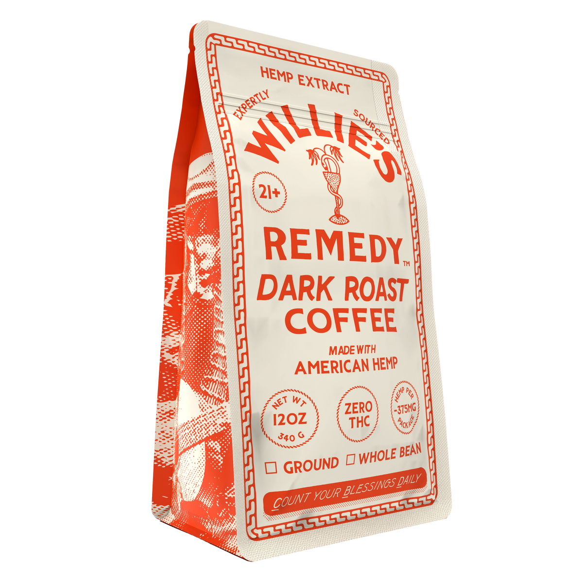 Front of the Willie's Remedy CBD Dark Roast Coffee 12oz bag