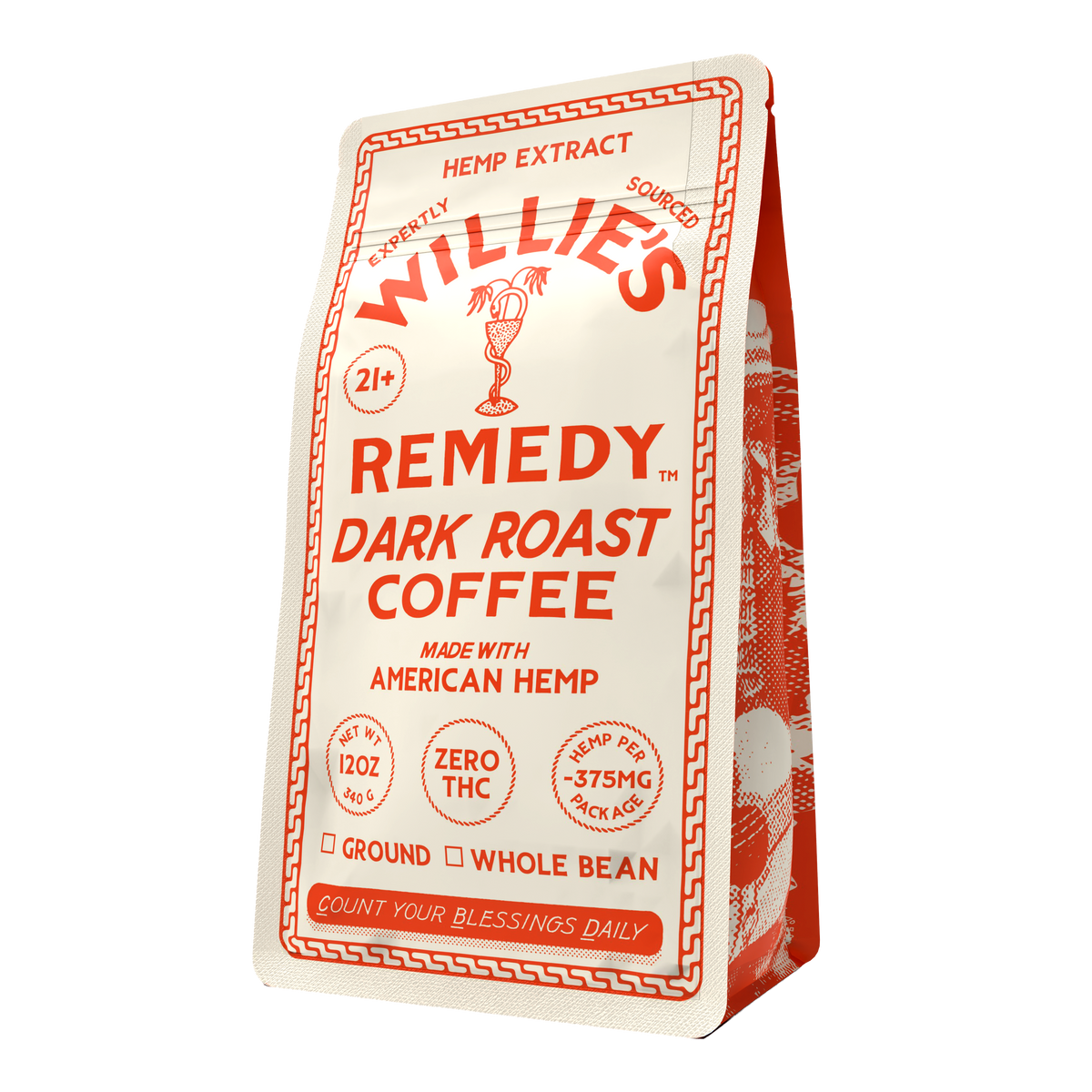 Willie's Remedy CBD Dark Roast Coffee bag, angled view