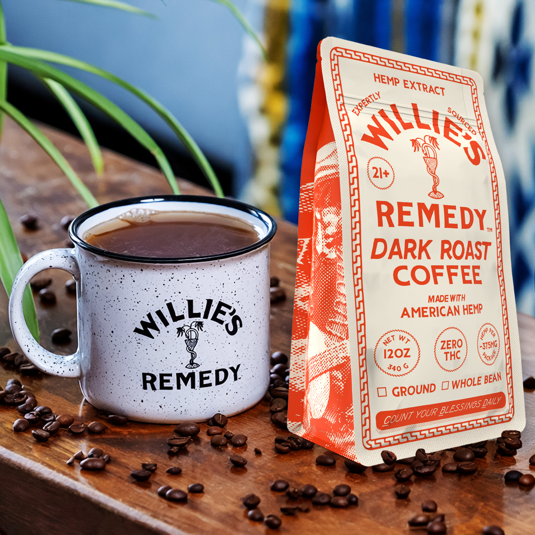 Front of the Willie's Remedy CBD Dark Roast Coffee 12oz bag