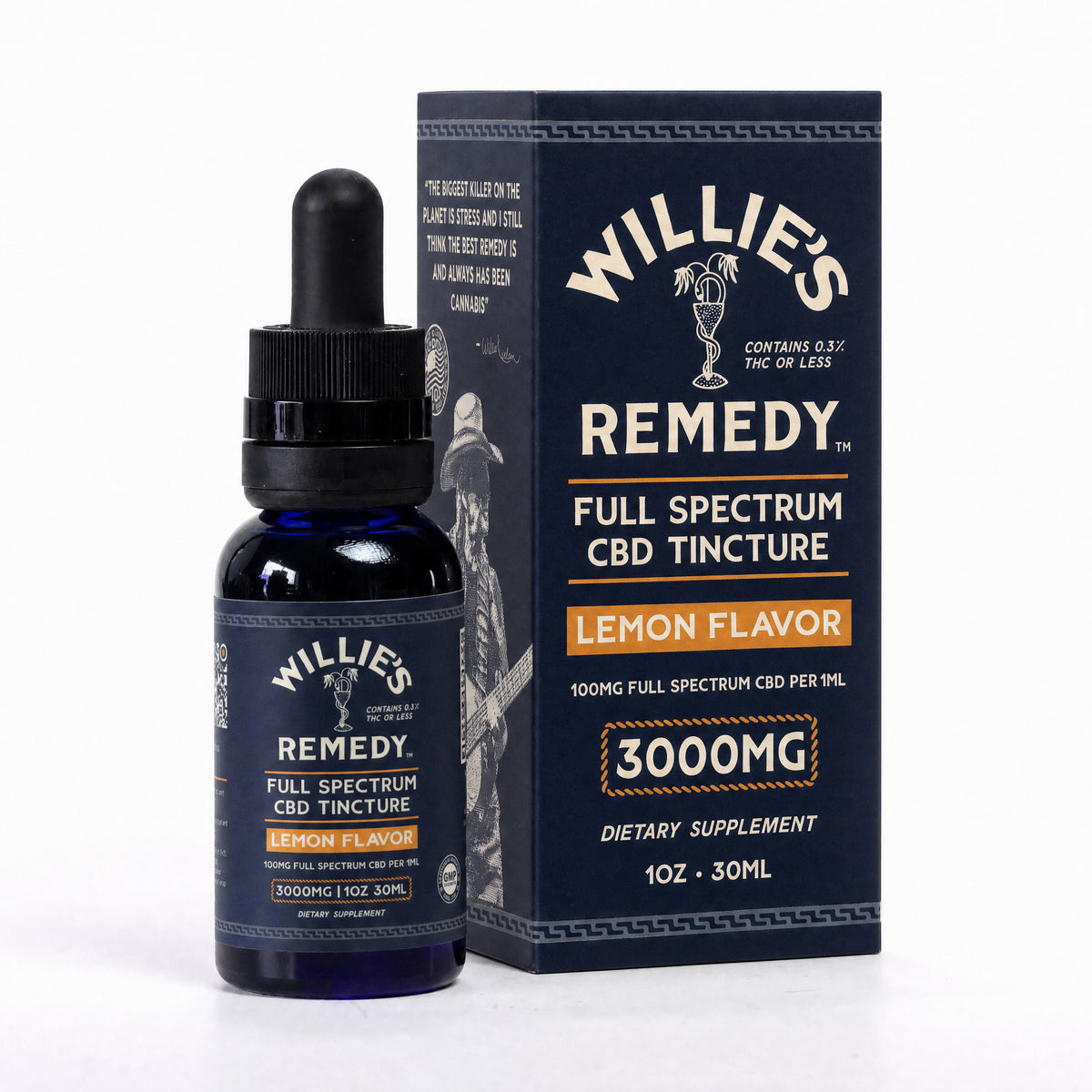 Willie's Full-Spectrum CBD tincture, lemon, 3000mg, bottle and box