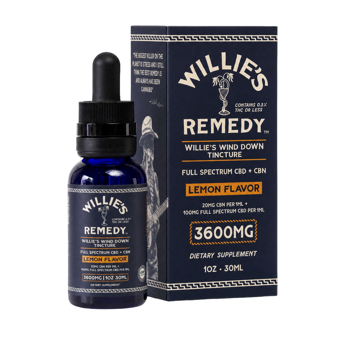 Willie's Wind Down Full-Spectrum CBD + CBN tincture, lemon, 3600mg, bottle and box