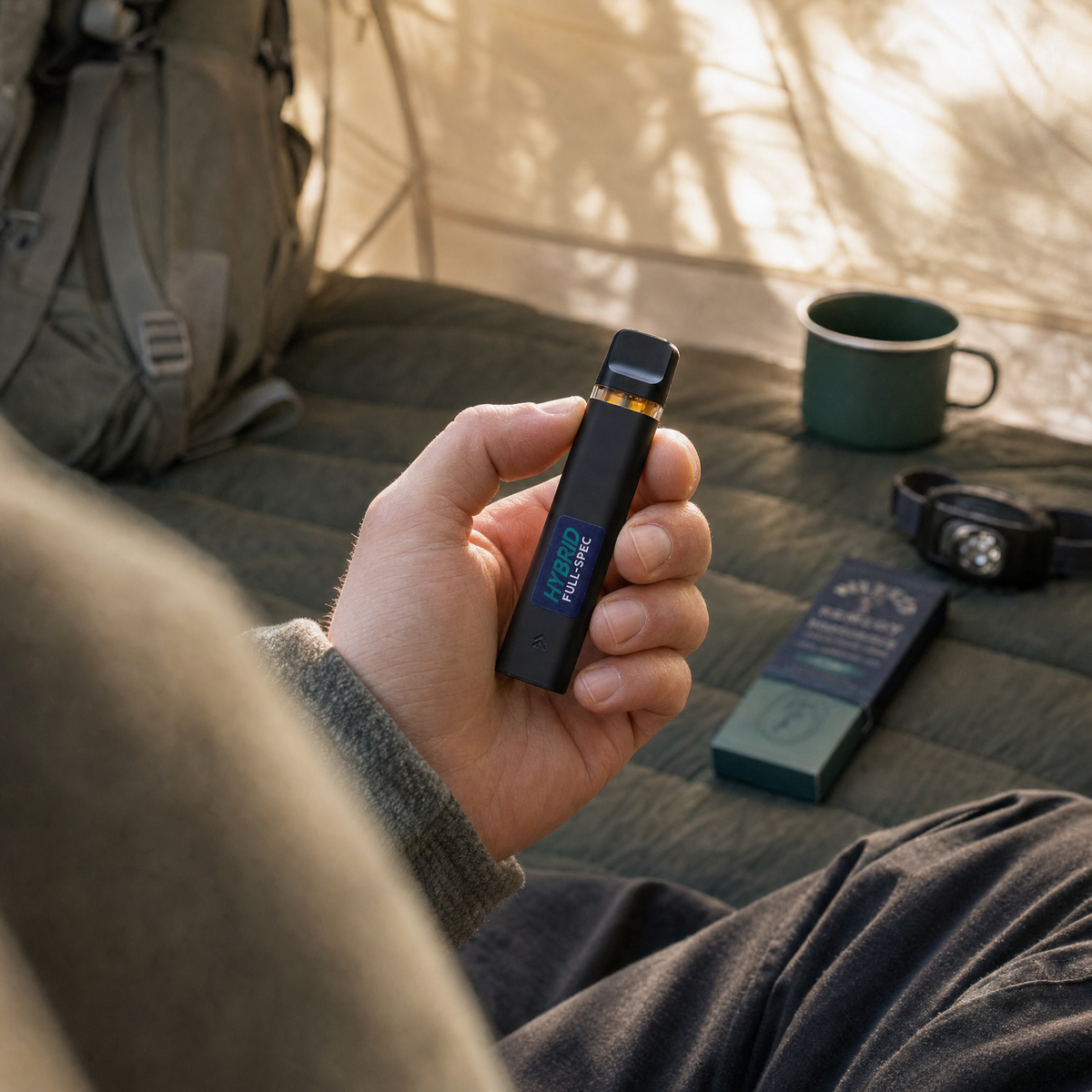Person holding a Willie's Remedy Full Spectrum Hybrid vape outdoors