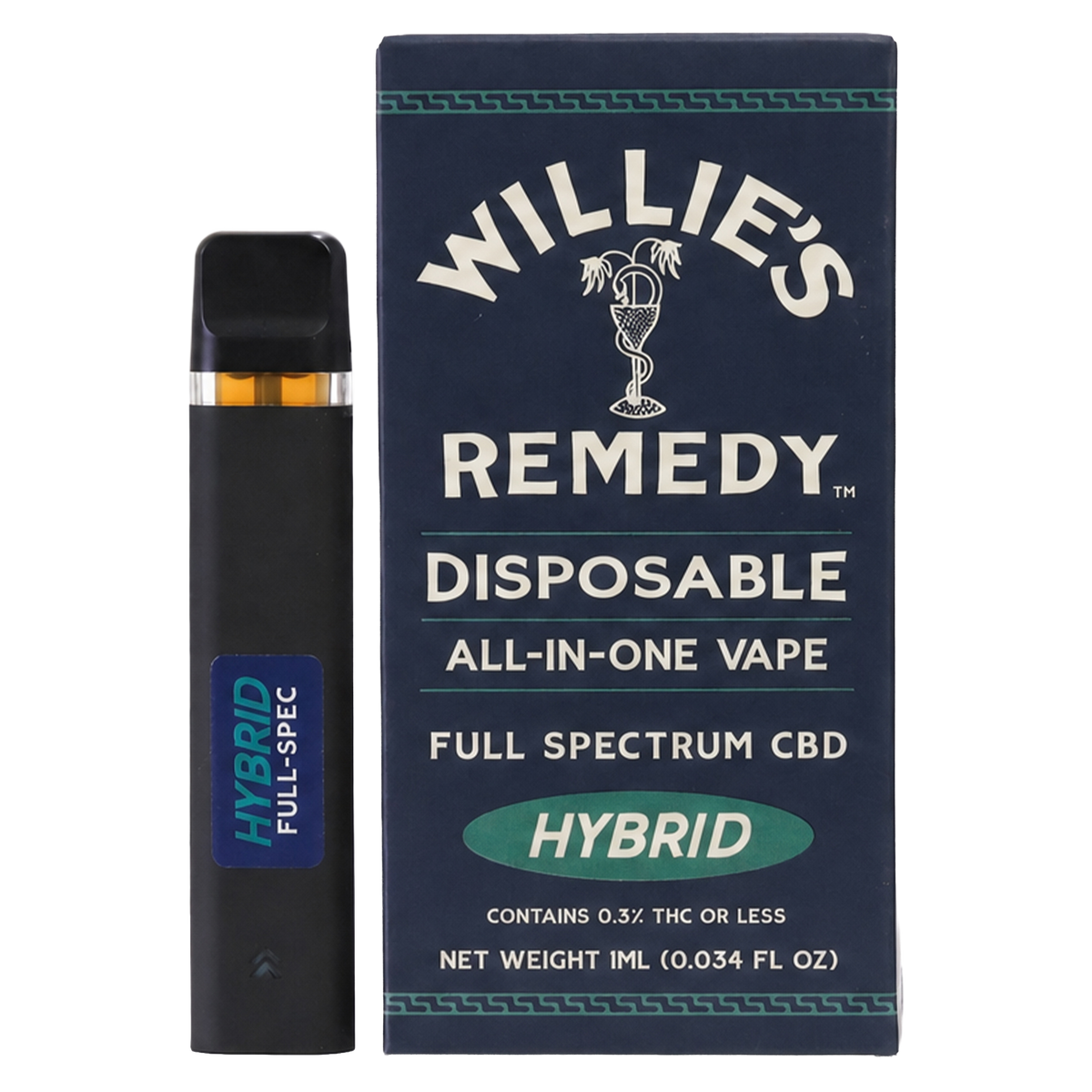 Willie's Remedy Full Spectrum CBD disposable vape, Hybrid, with box
