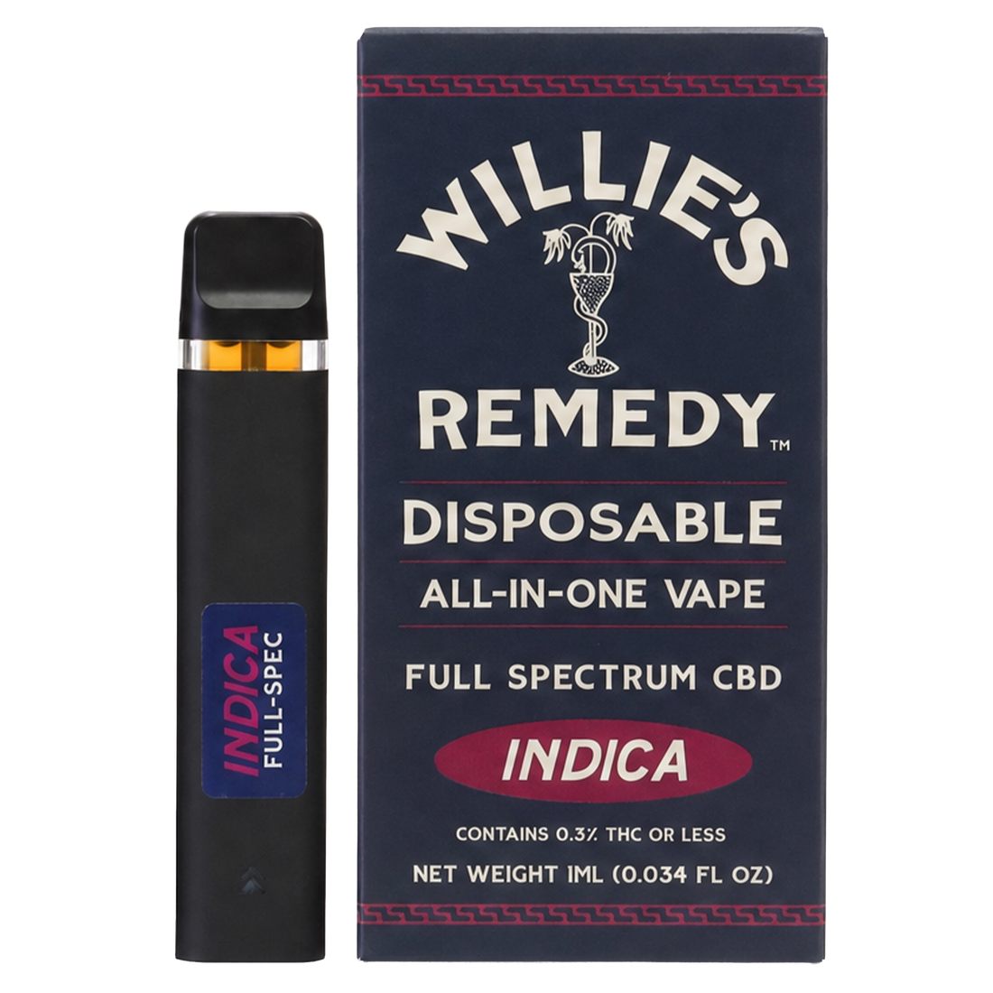 Willie's Remedy Full Spectrum CBD disposable vape, Sativa, with box