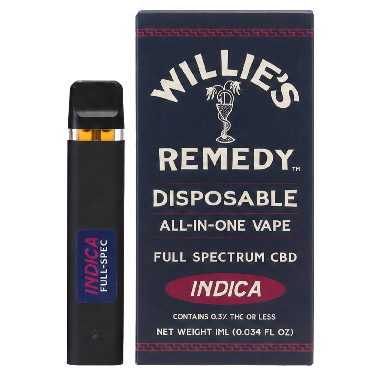 Willie's Remedy Full Spectrum CBD disposable vape, Indica, with box