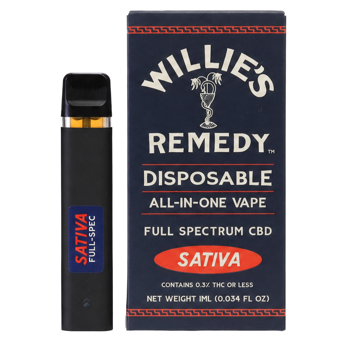Willie's Remedy Full Spectrum CBD disposable vape, Sativa, with box
