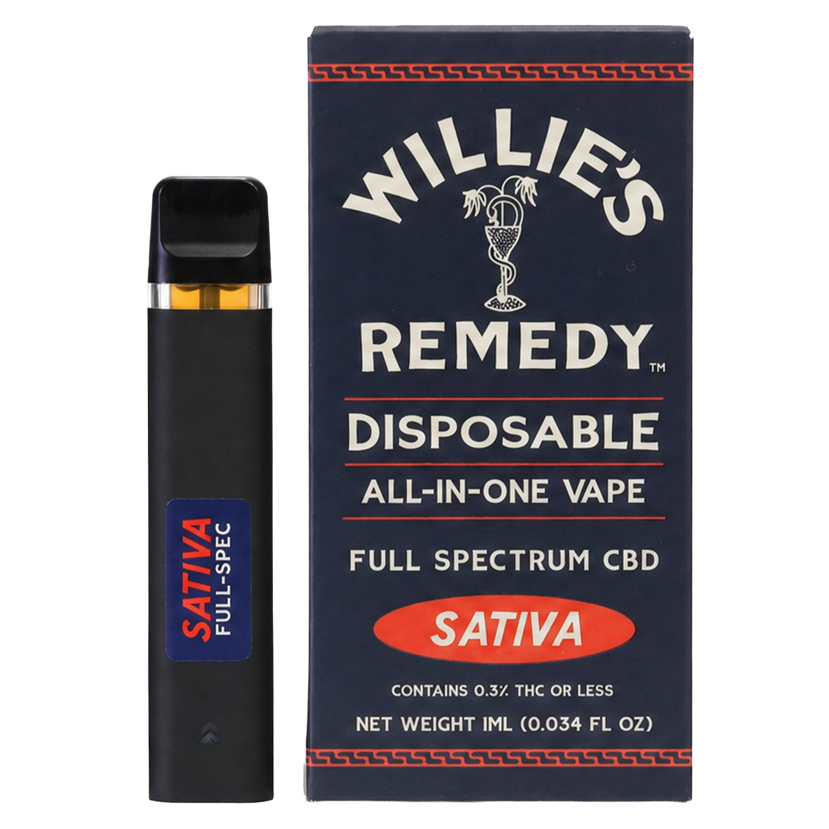 Willie's Remedy Full Spectrum CBD disposable vape, Sativa, with box