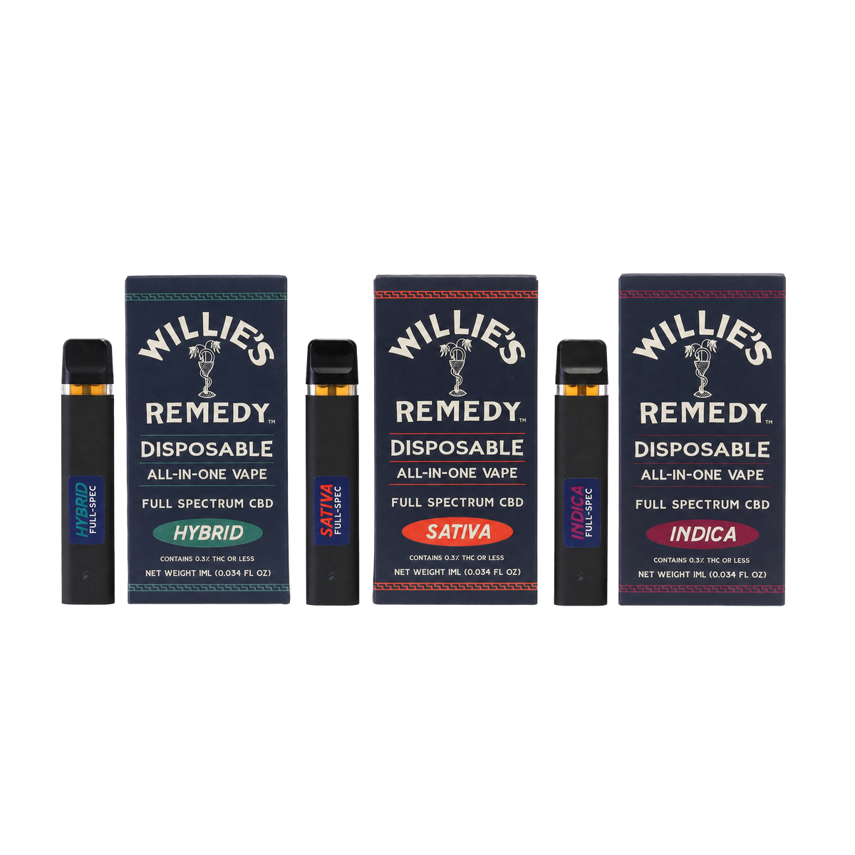 Willie's Remedy Full Spectrum vape lineup in Sativa, Indica and Hybrid with boxes