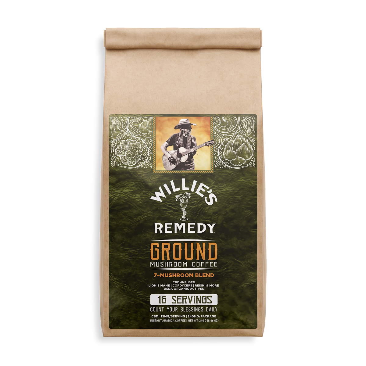 Front of the Willie's CBD Ground Mushroom Coffee bag