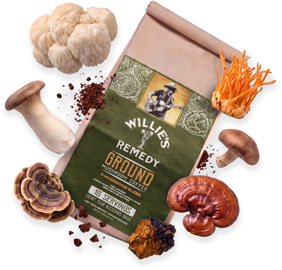 Willie's CBD Ground Mushroom Coffee bag surrounded by mushrooms