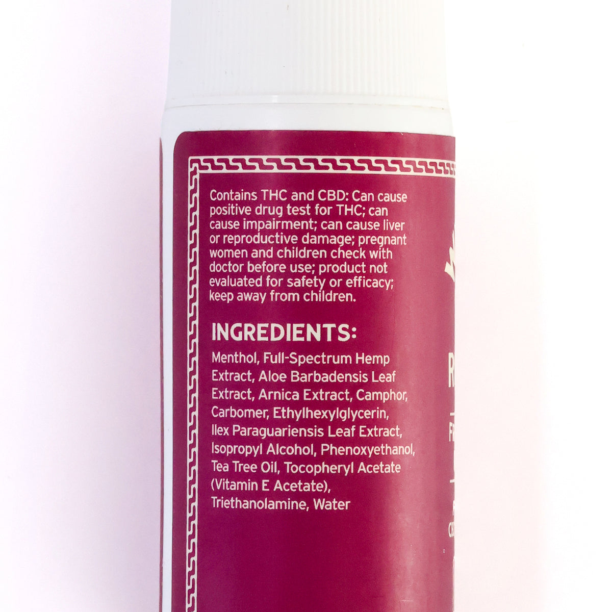 Ingredients label on the Willie's Remedy Freeze Roll-On bottle