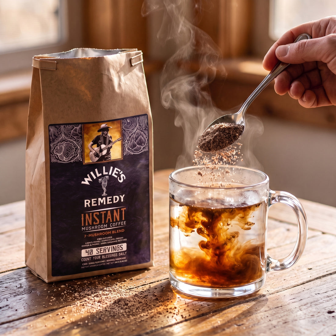 Willie's CBD Ground Mushroom Coffee bag surrounded by mushrooms