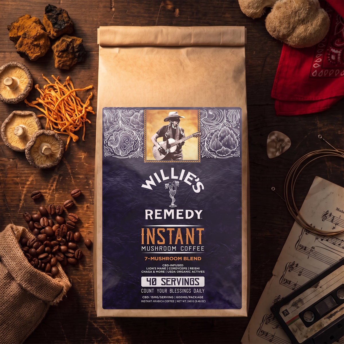 Willie's CBD Instant Mushroom Coffee bag with mushrooms and coffee beans on a dark background