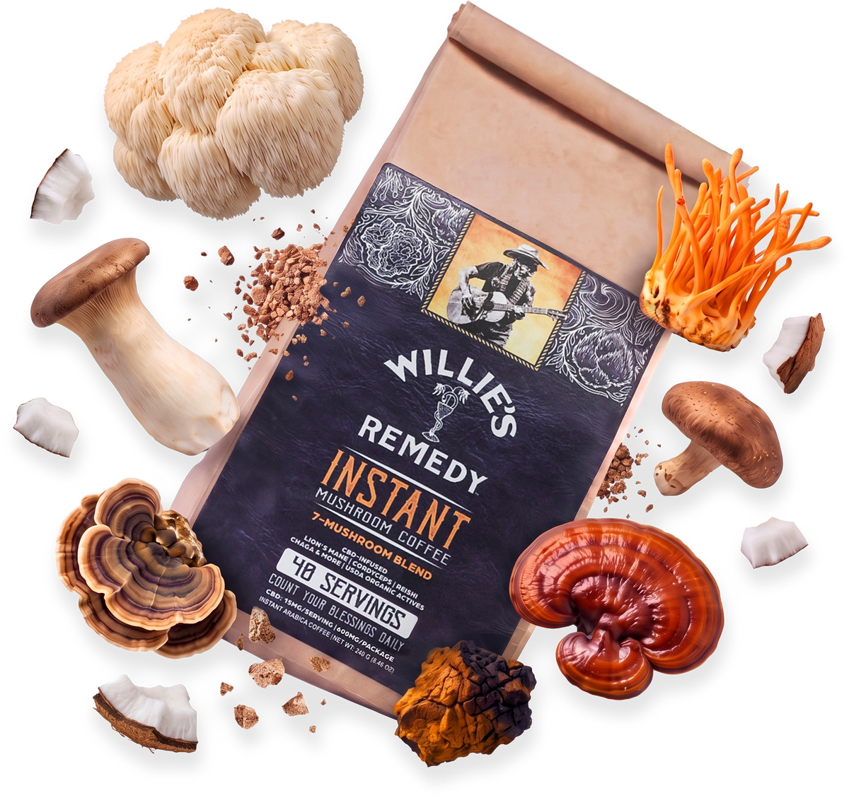 Willie's CBD Instant Mushroom Coffee bag surrounded by mushrooms