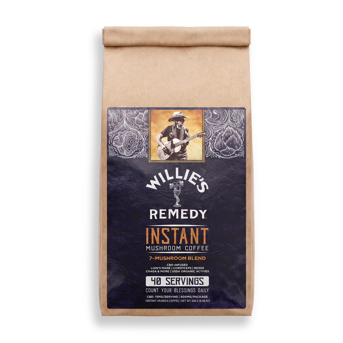 Front of the Willie's CBD Instant Mushroom Coffee bag