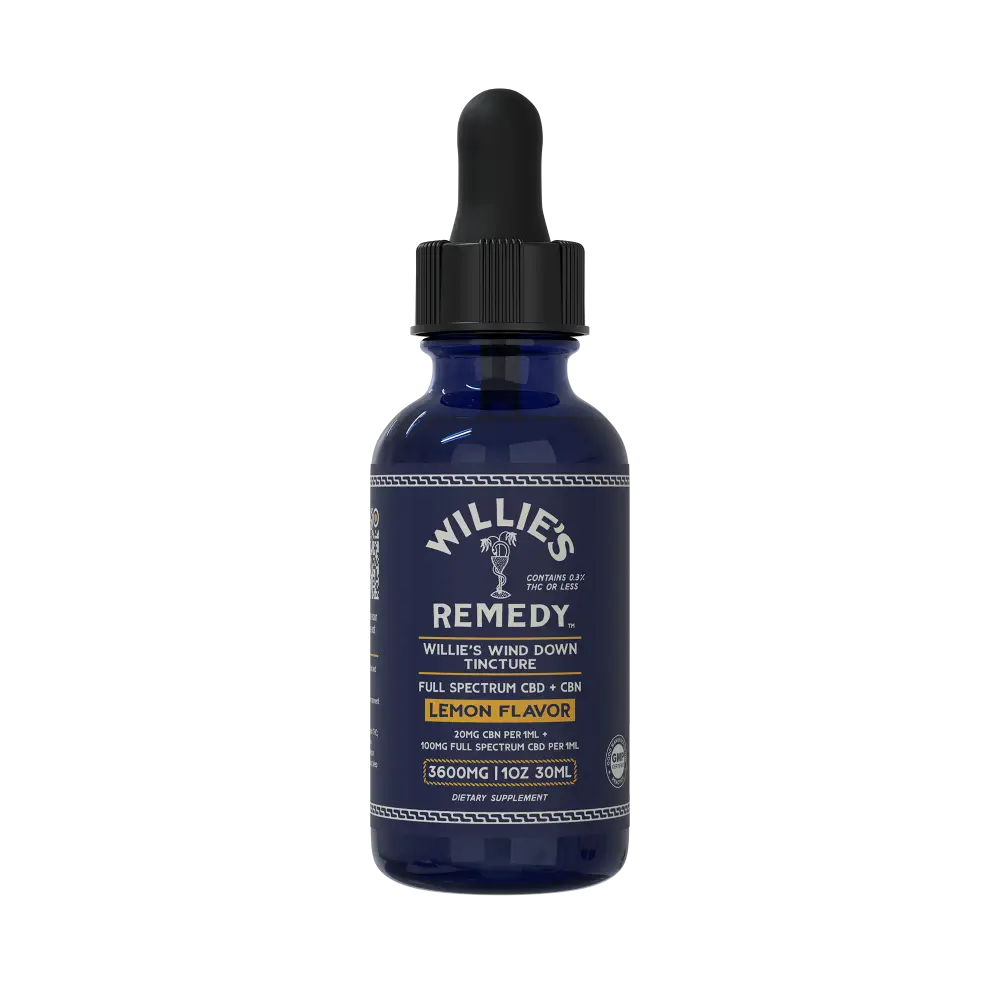Willie's Wind Down Full-Spectrum tincture bottle, front label