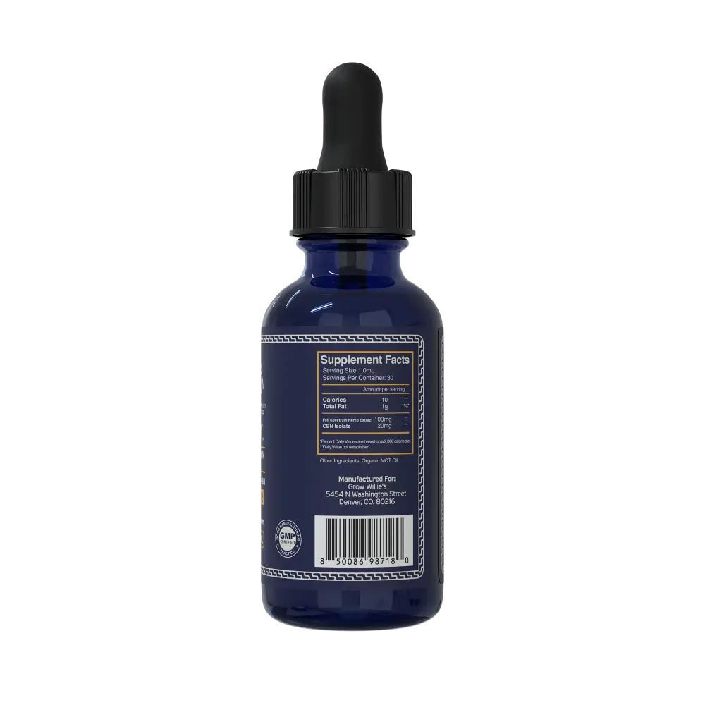 Side of the Wind Down Full-Spectrum tincture bottle with supplement facts