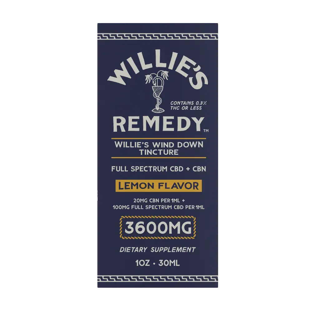 Box for Willie's Wind Down Full-Spectrum CBD + CBN tincture, lemon, 3600mg