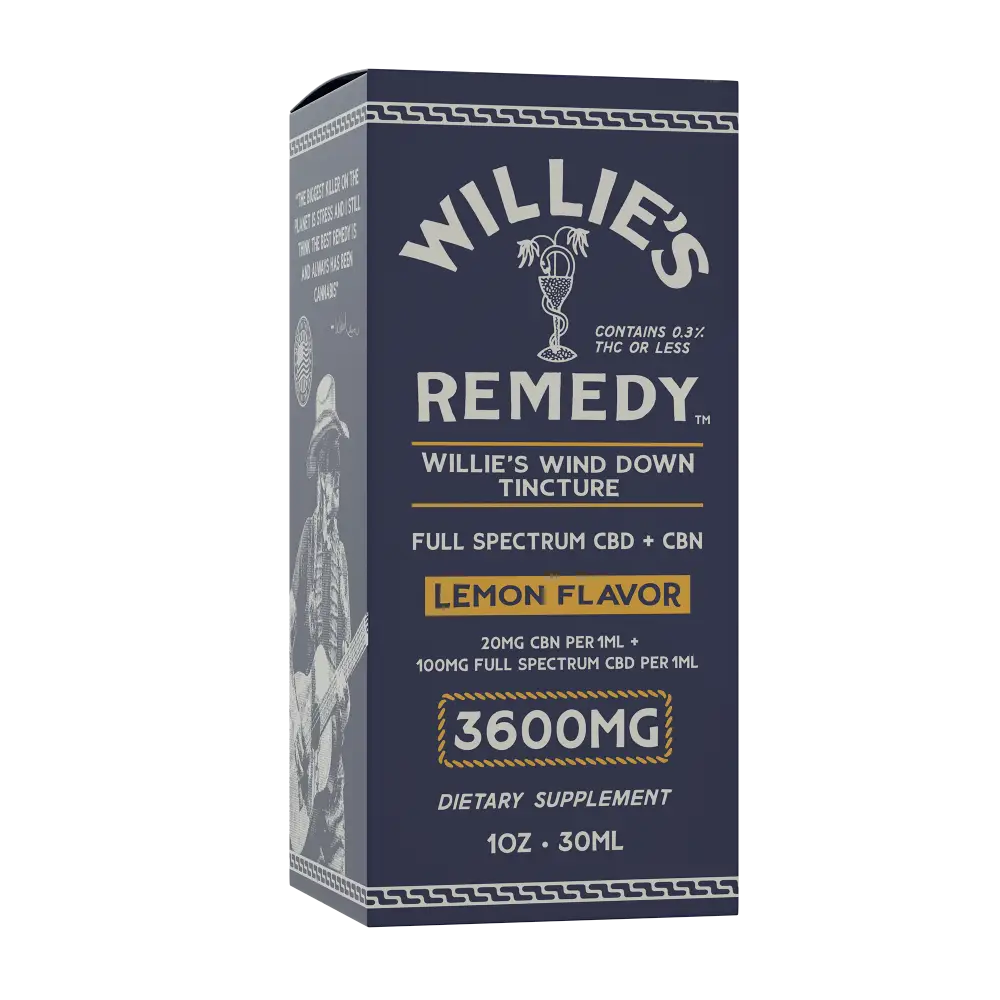 Willie's Wind Down Full-Spectrum tincture box, angled front view