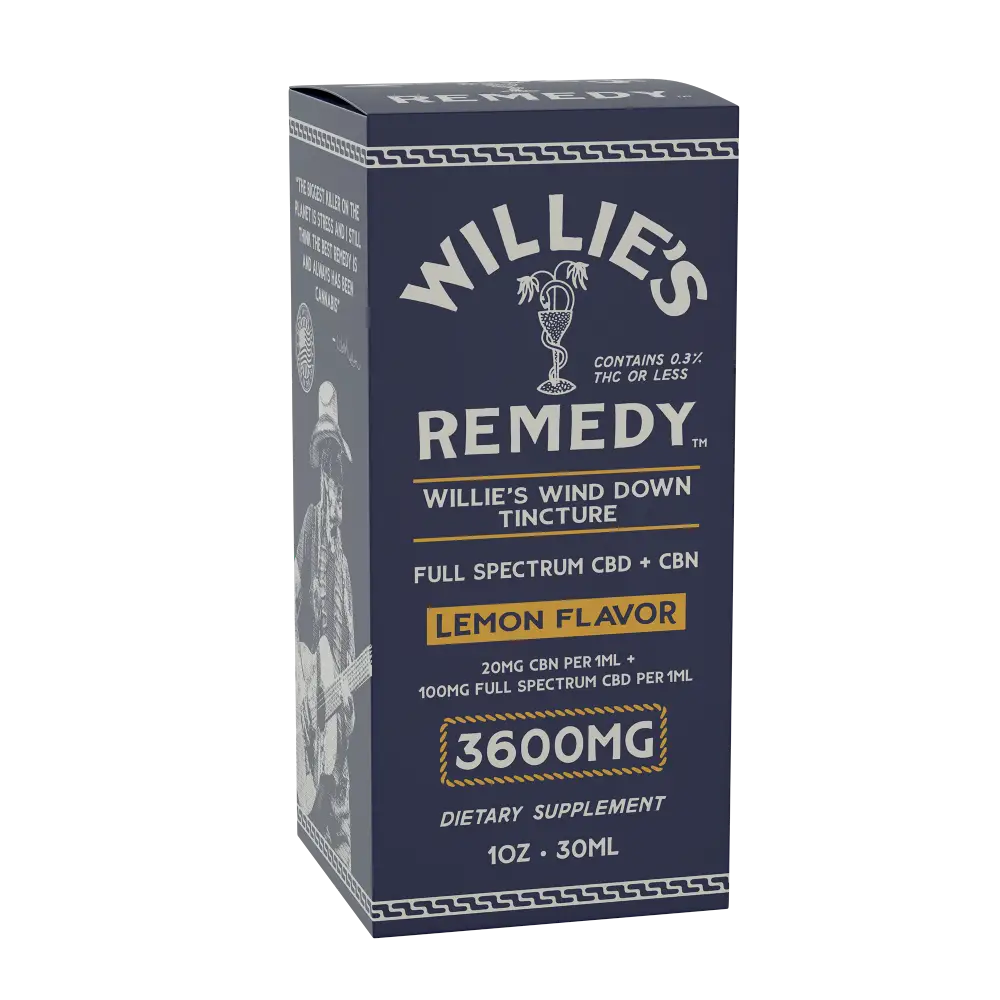 Willie's Wind Down Full-Spectrum tincture box, rear angled view