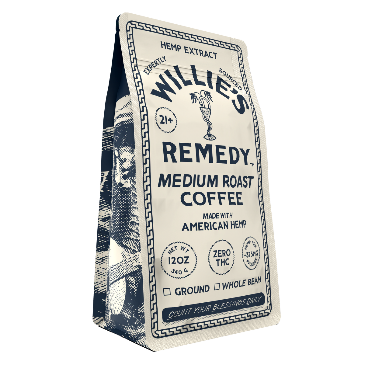 Front of the Willie's Remedy CBD Medium Roast Coffee 12oz bag