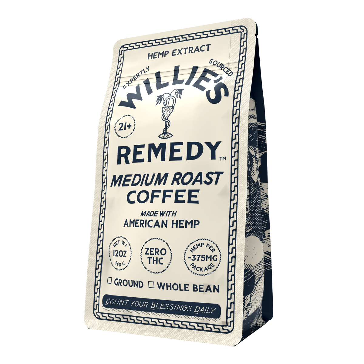 Willie's Remedy CBD Medium Roast Coffee bag, angled view
