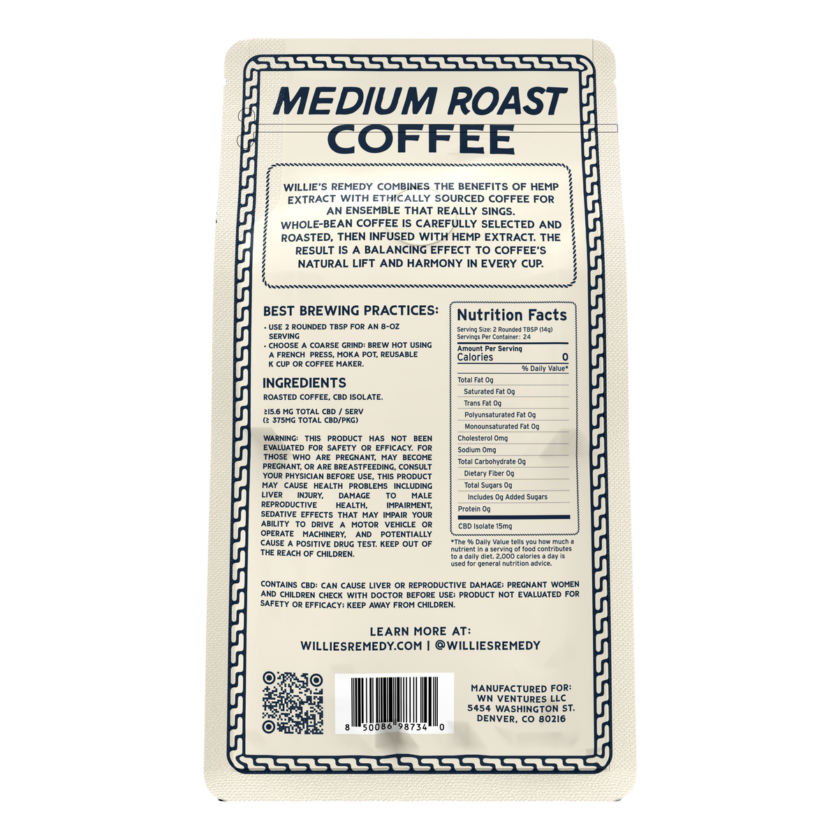 Back of the Willie's Remedy CBD Medium Roast Coffee bag with brewing instructions and nutrition facts
