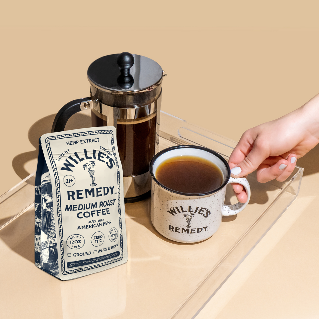 Front of the Willie's Remedy CBD Medium Roast Coffee 12oz bag