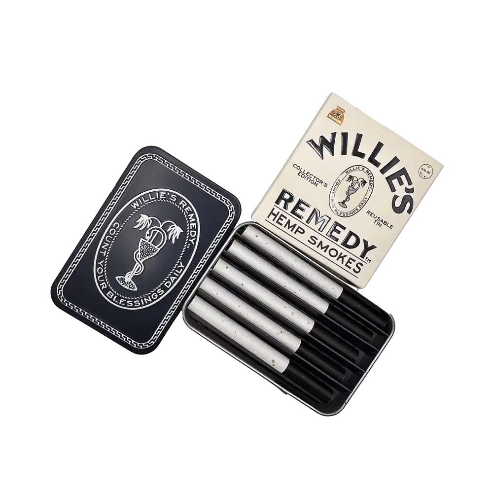 Open Willie's Remedy 5-pack hemp smokes tin showing the hemp smokes inside