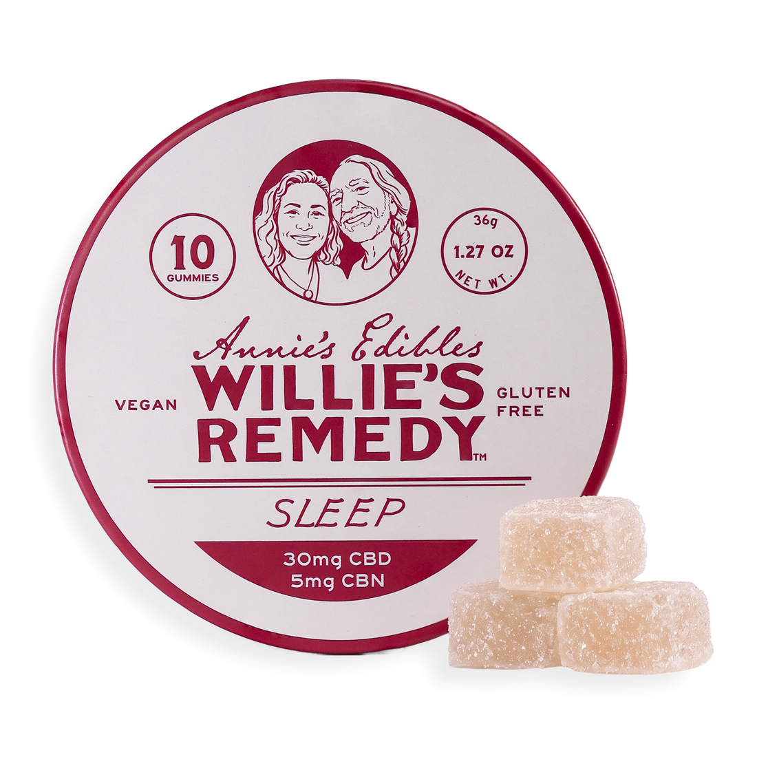 Annie's Edibles x Willie's Remedy Sleep CBD gummies tin with gummies beside it