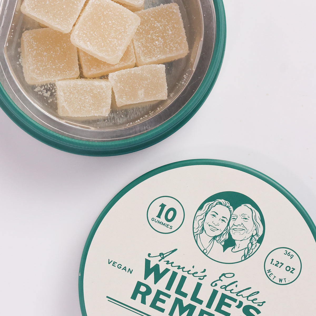 Open tin of Annie's Edibles Steady CBD gummies